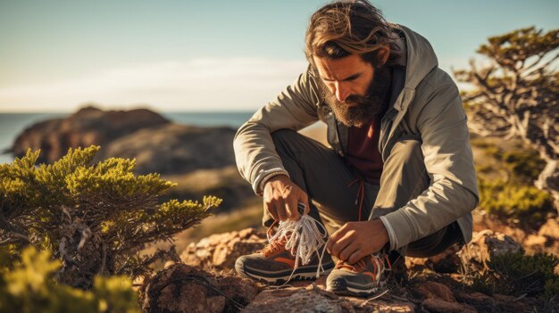 Hombre colocando cordones de zapatos al aire libre en el desierto