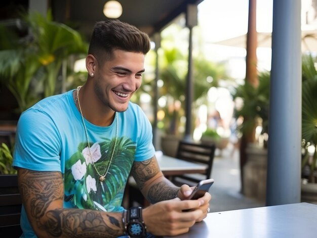 Foto hombre de colombia usando un teléfono inteligente para comunicarse en línea