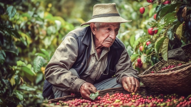 Hombre colombiano con sombrero cosechando café maduro en la plantación