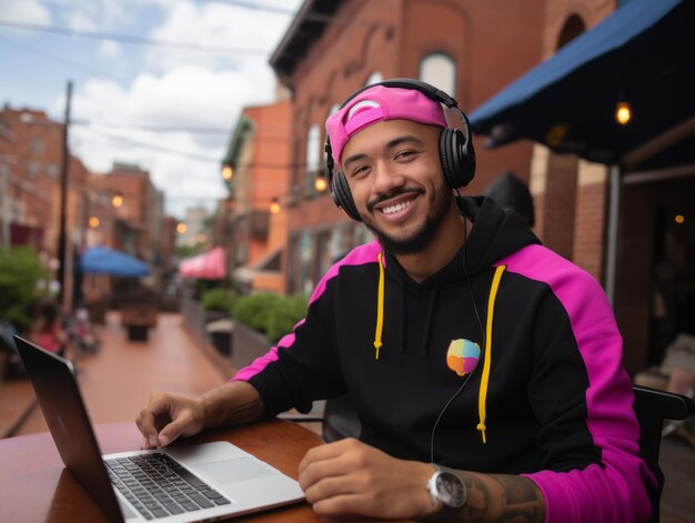 Hombre colombiano trabajando en una computadora portátil en un entorno urbano vibrante