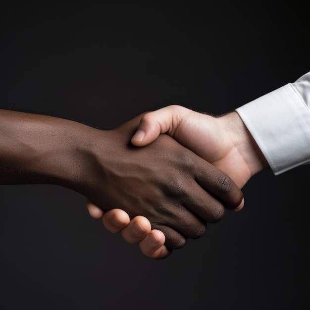 un hombre de color estrechando la mano con un hombre blanco sobre un fondo gris en alta resolución y nitidez