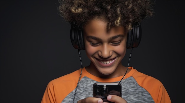 Hombre de color sudafricano con auriculares sonriendo al teléfono cabello rizado naranja