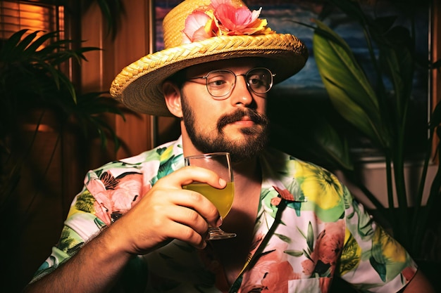 Foto hombre con un colorido traje turístico tropical sombrero simple con gafas y una camisa colorida