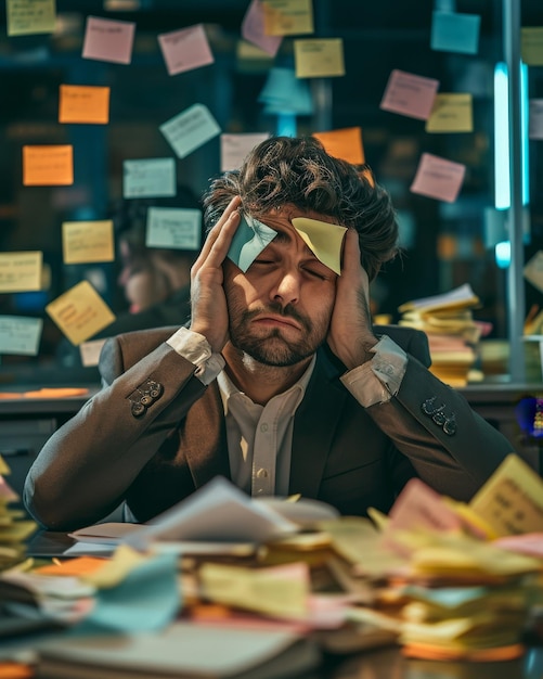 Foto hombre cómico practica el alivio del estrés en un ambiente de oficina ocupado con notas en su cara