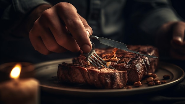 un, hombre, comida, un, bistec, en, el, asador