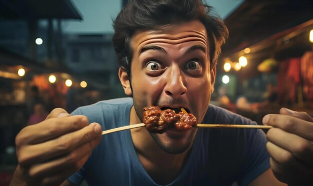 Foto hombre comiendo comida para el diseño de fondo