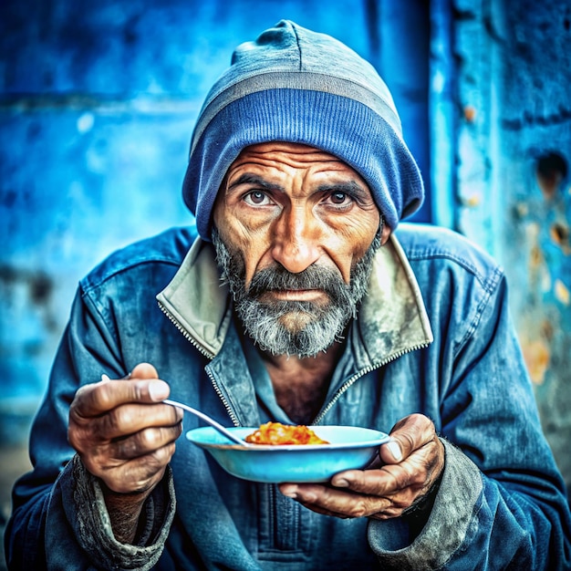 Foto hombre comiendo una comida en el orfanato hombre pobre o mendigo rogándote por ayuda