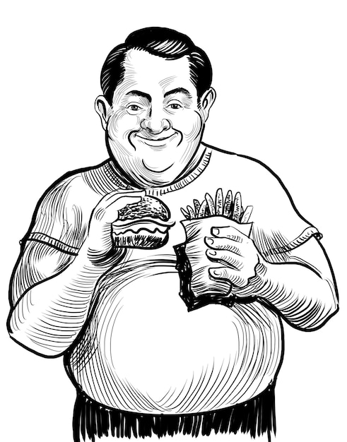 Hombre comiendo comida rápida Ilustración en blanco y negro dibujada a mano