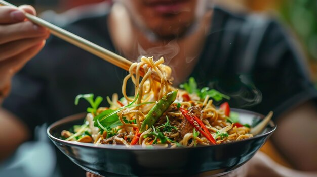 Hombre comiendo fideos de soja con palillos de cerca