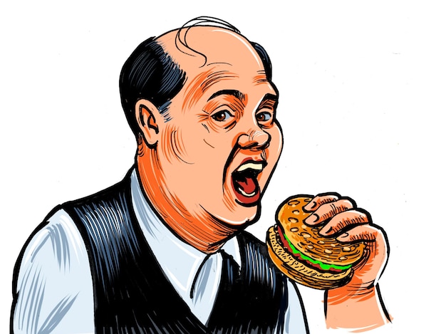 Hombre comiendo una hamburguesa Estilo retro dibujado a mano con tinta sobre papel y coloreado a mano en tableta