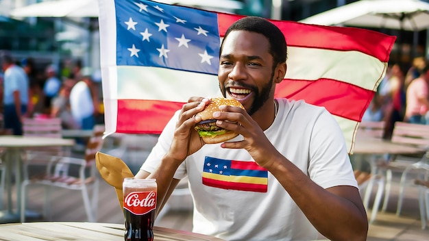 un hombre comiendo una hamburguesa y sosteniendo una botella de coca cola