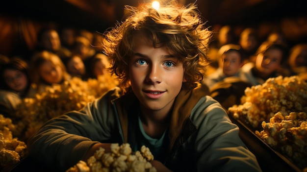 Hombre comiendo palomitas de maíz en un cine sentado y comiendo popcorn generado por IA