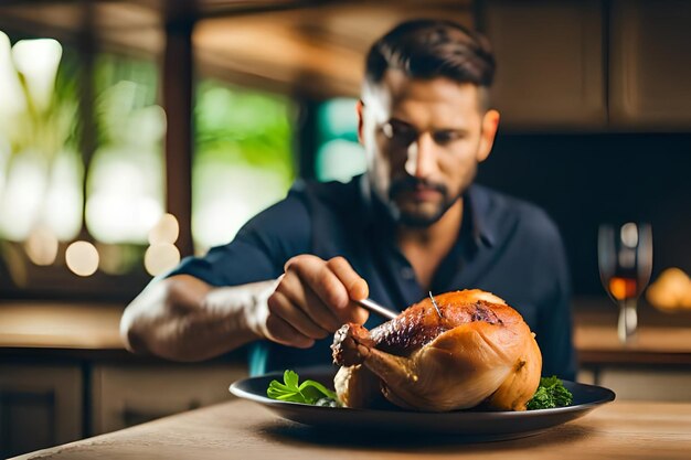 Foto un hombre está comiendo un pavo con un cuchillo y un tenedor