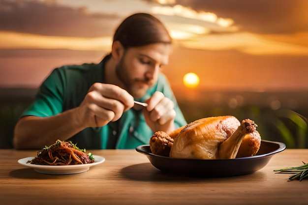 un hombre comiendo un pavo con un tenedor y un plato de comida con un hombre comiéndolo