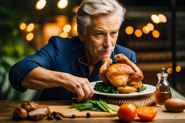 Foto un hombre está comiendo un pavo con verduras en un plato