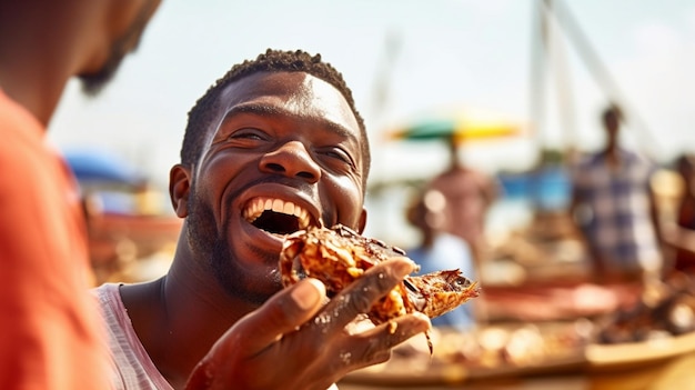 Un hombre comiendo un pedazo de pizza en una playa