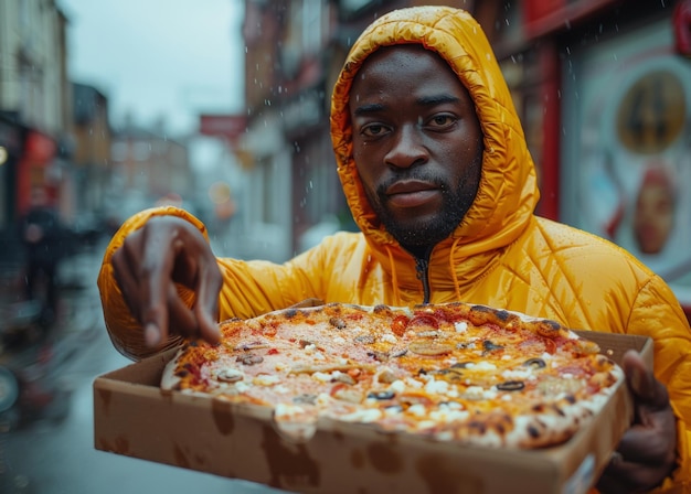 Hombre comiendo pizza bajo la lluvia