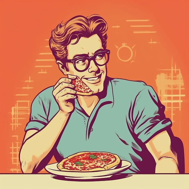Un hombre comiendo pizza con una rebanada de pizza en la cara.