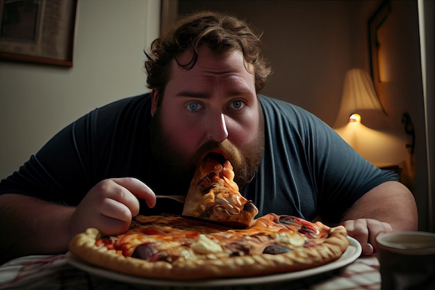 Un hombre comiendo una rebanada de pizza en un plato.