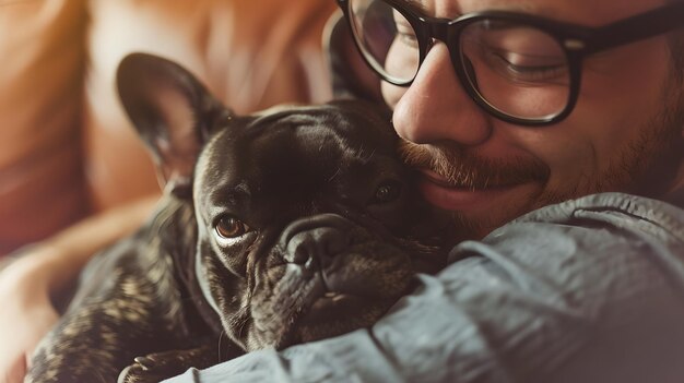 Hombre compartiendo un momento tierno con su amado bulldog francés iluminación interior cálida retrata una escena acogedora afectuosa perfecto para temas hogareños y amantes de mascotas IA