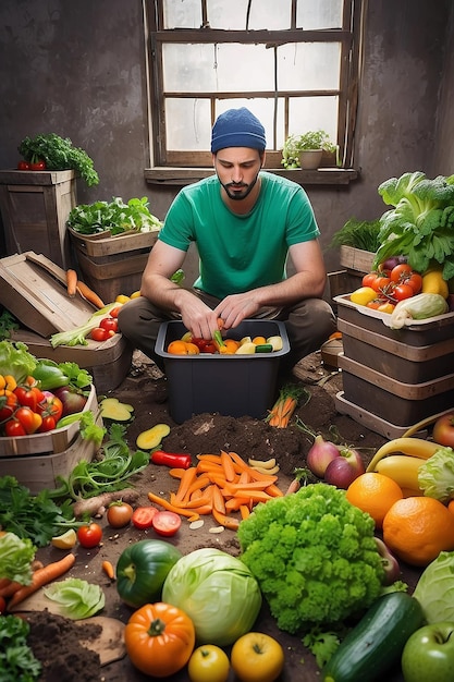 Hombre compostando verduras y frutas y alimentos ecológicamente seguros Conservación