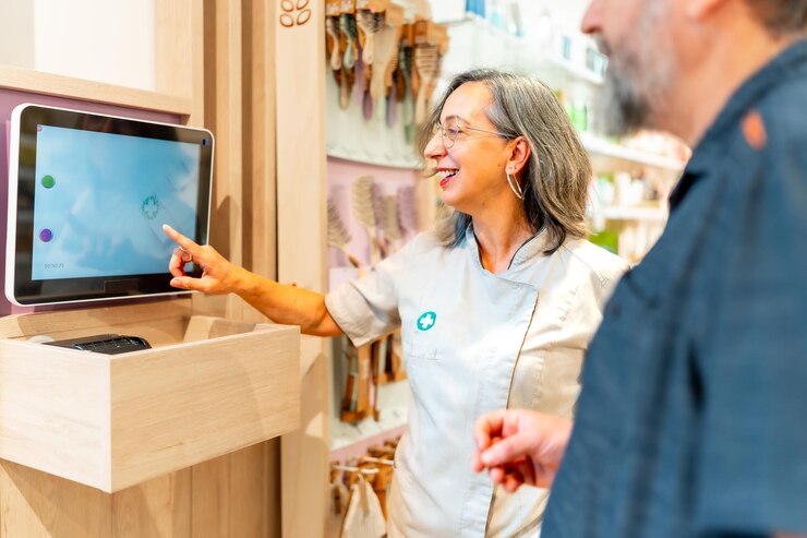 Foto hombre comprando medicamentos en una tienda tecnológica e innovadora