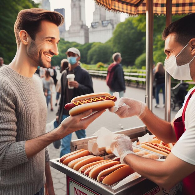 Hombre comprando un perrito caliente