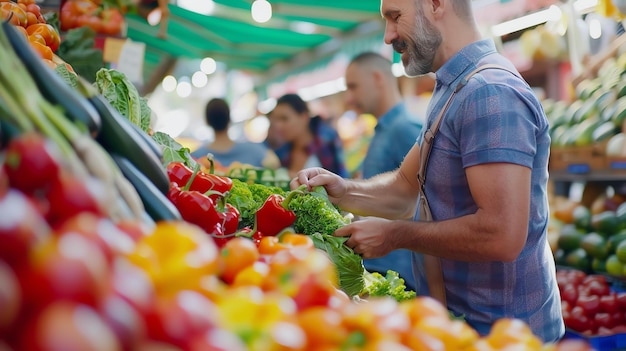 Foto un hombre está comprando verduras frescas en un mercado de agricultores está mirando un ramo de coles el mercado está lleno de productos coloridos