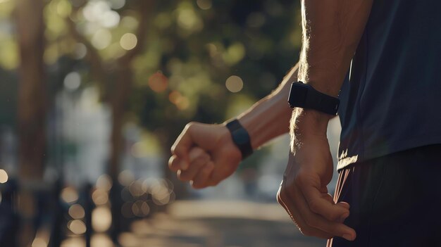 Foto un hombre comprobando su rastreador de fitness mientras hace ejercicio al aire libre.