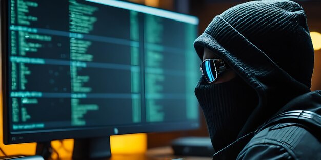 hombre en la computadora hacker en capucha concepto de cibercrimen hacker seguridad cibernética