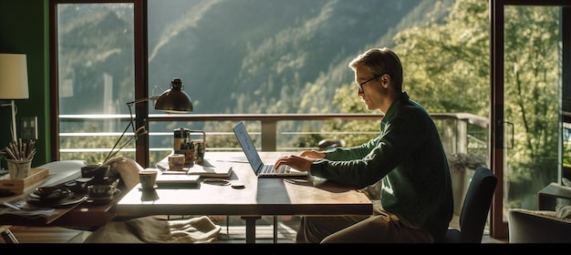 Hombre computadora internet oficina sentado horizontalmente hombre de negocios negocio caucásico tecnología portátil IA generativa