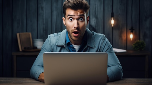 hombre con una computadora portátil frente a su cara