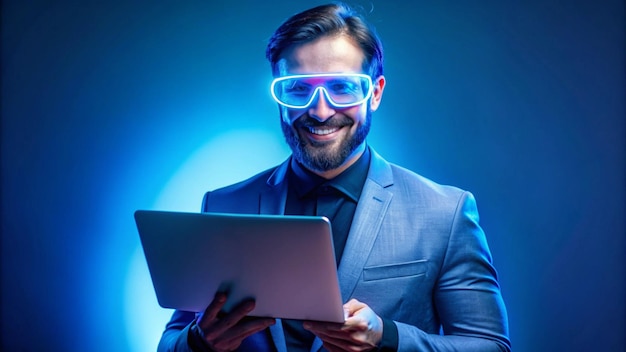 hombre con una computadora portátil en las manos y una chaqueta una sonrisa gafas futuristas en luz azul azul color perenne tecnología de seguridad cibernética computadora portatil copia espacio tendencia neón
