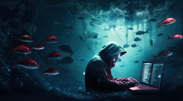 Un hombre con una computadora portátil y un pez al fondo.
