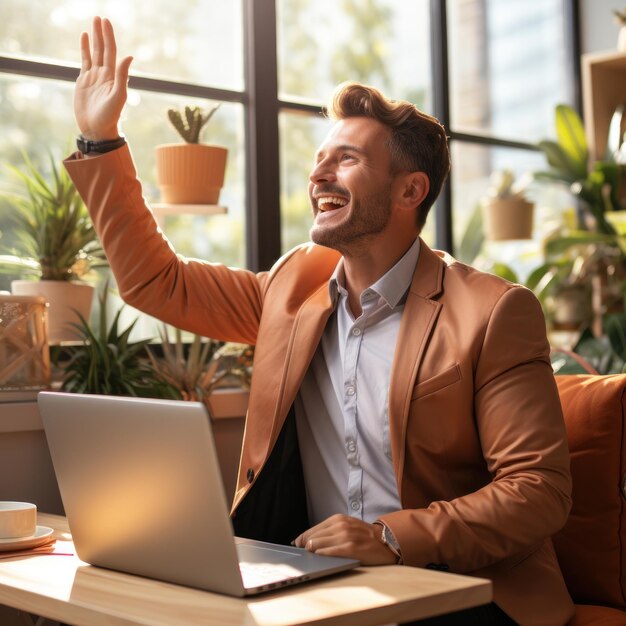 Foto hombre con una computadora portátil y una planta en la ventana