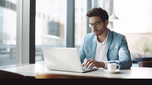 Foto hombre con computadora portátil sentado en el escritorio