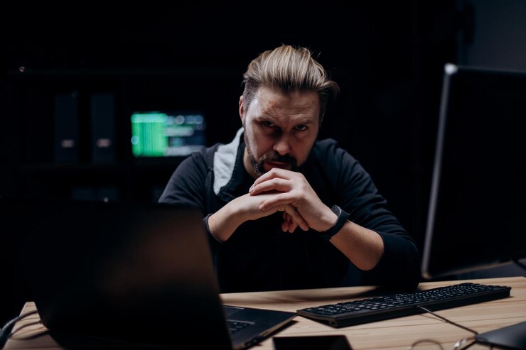 Hombre con computadoras pirateando en línea