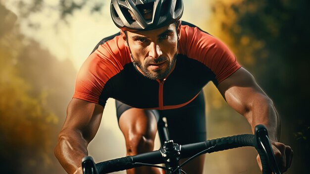 Hombre concentrado en ciclismo intensamente en un parque iluminado por el sol