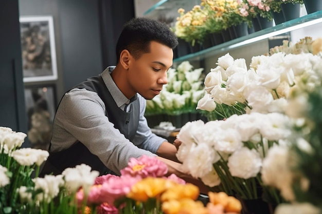 Hombre concentrado en su trabajo en una floristería
