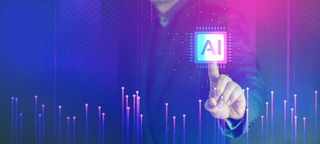 El hombre del concepto de tecnología y personas usa IA para ayudar a trabajar Concepto de aprendizaje de IA e inteligencia artificial Negocios tecnología moderna Internet y concepto de redes Tecnología de IA en la vida cotidiana