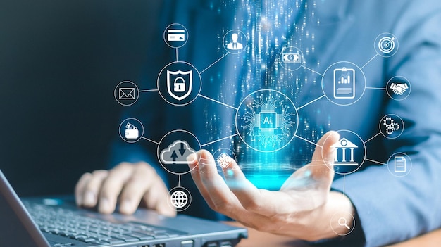 El hombre del concepto de tecnología y personas usa IA para ayudar a trabajar Concepto de aprendizaje de IA e inteligencia artificial Negocios tecnología moderna Internet y concepto de redes Tecnología de IA en la vida cotidiana