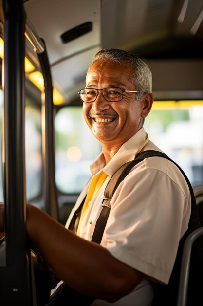 Foto un hombre conduciendo un autobús con gafas y una sonrisa en la cara