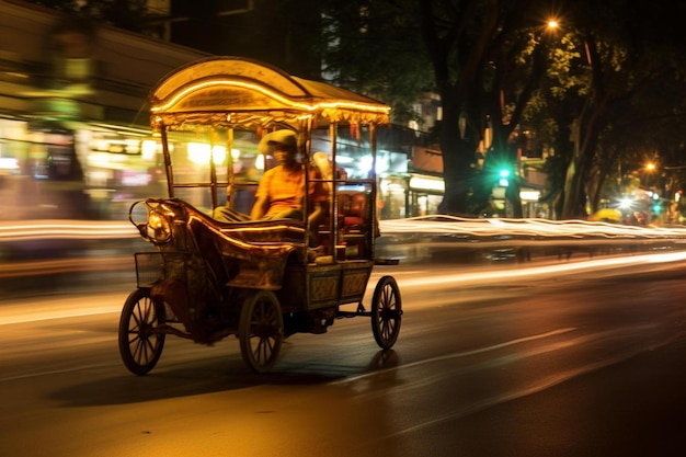 un hombre conduciendo un carruaje con las palabras "taxi" en la calle.