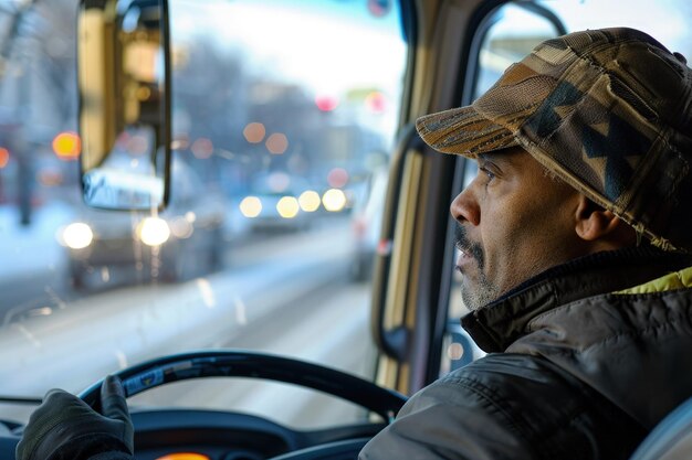 Foto un hombre conduciendo un coche en una calle nevada