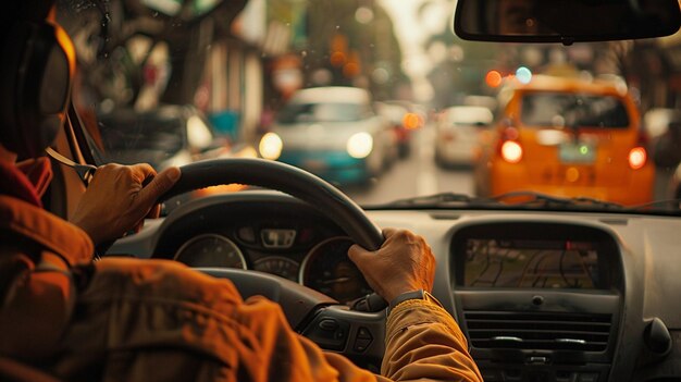 un hombre conduciendo un coche con un conductor en el asiento trasero