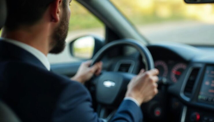 un hombre conduciendo un coche con un logotipo en el volante