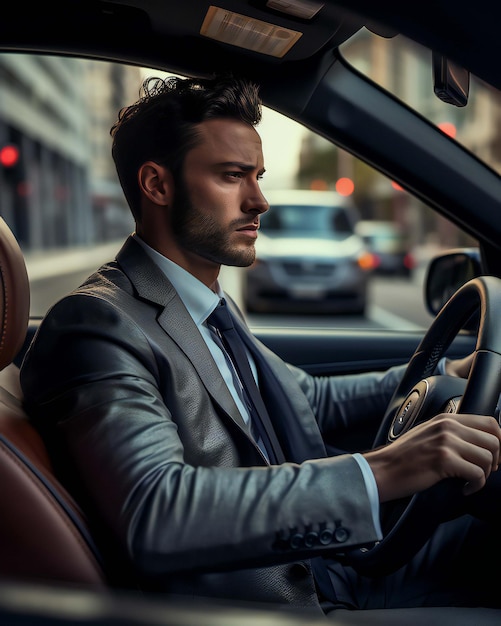 Un hombre conduciendo un coche con la palabra BMW en el frente