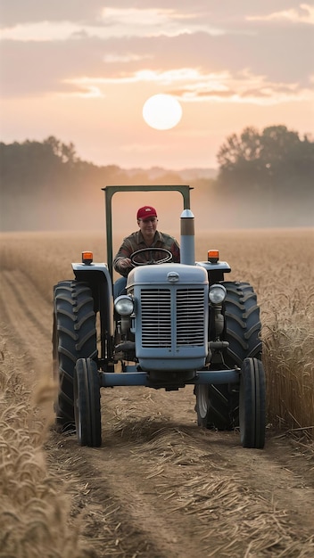 Hombre conduciendo un tractor a través del campo