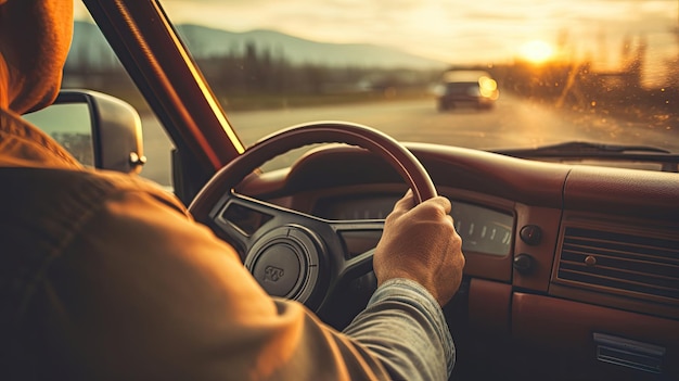 hombre conduciendo el volante interior de automóvil de estilo clásico de época tablero de instrumentos