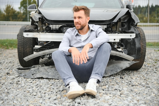 hombre conductor en un accidente automovilístico y sosteniendo su cabeza cerca de un coche roto en la carretera después de un accidente automovilístico